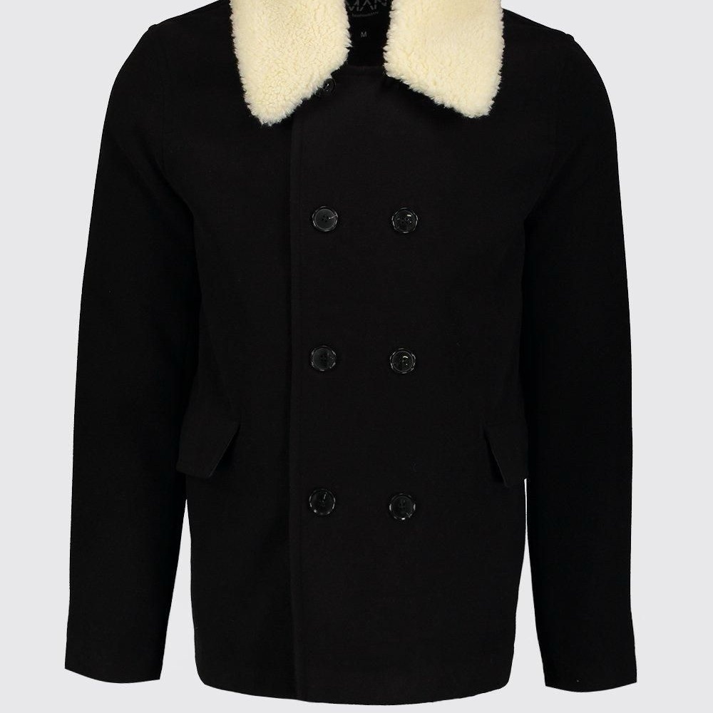 Boohoo Mens Black Peacoat with Cream Collar